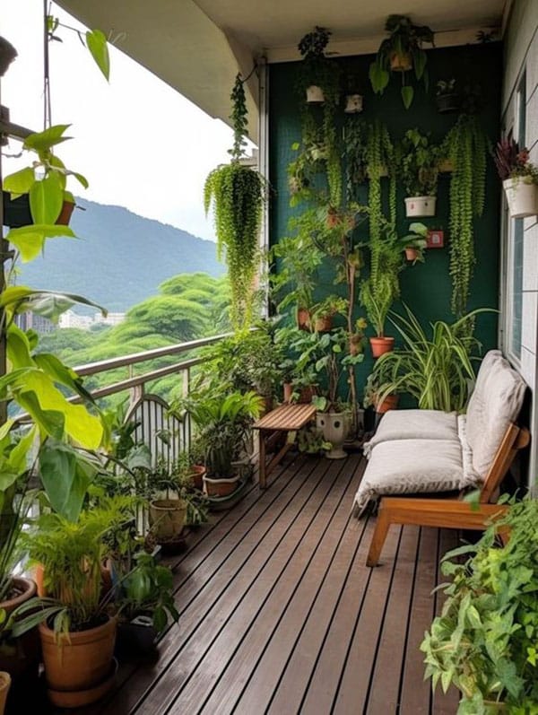 Terraza decorada con plantas y flores